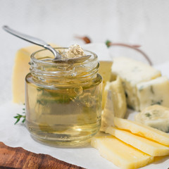 White Wine Jelly in a Jar  with a Selection of Cheeses