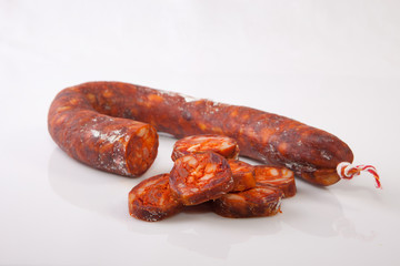 Red iberian chorizo with some cut pieces