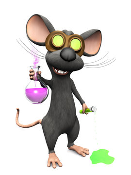 Mad cartoon mouse doing a science experiment, image three.