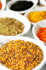 Different kinds of spices in ceramics bowls and spoons,