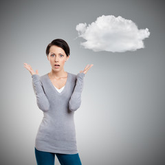 Puzzled woman, isolated on grey background with cloud