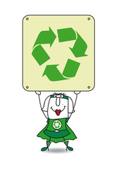 Super Recycling woman and the recycling sign
