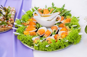 appetizer canapes cheese with herbs and salmon, sauce