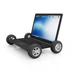 Modern Laptop on Wheels isolated on white background