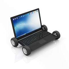 Modern Laptop on Wheels isolated on white background