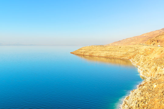 Dead Sea at Pillar of Lot's wife in Jordan, with Israel visible