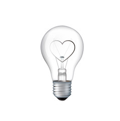 Light love bulb with filament in the shape of a heart isolated.