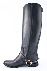 Female black leather boots with low heels..