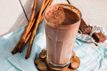chocolate milk smoothie with banana, peanut butter and cinnamon