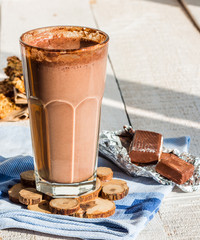 chocolate smoothie with a banana with milk in a glass