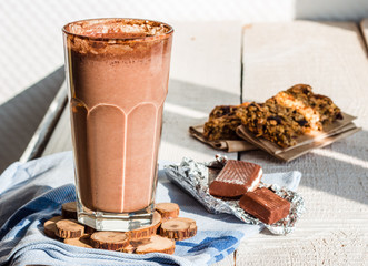 chocolate smoothie with a banana with milk in a glass