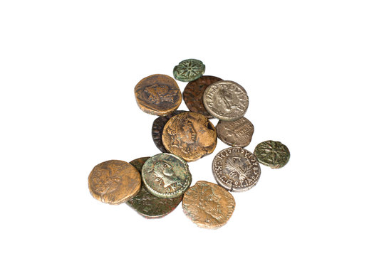Vintage bronze ann silver coins on a white background