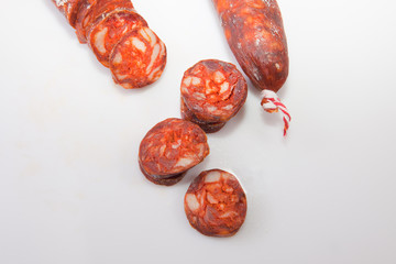 Red iberian chorizo with some cut pieces