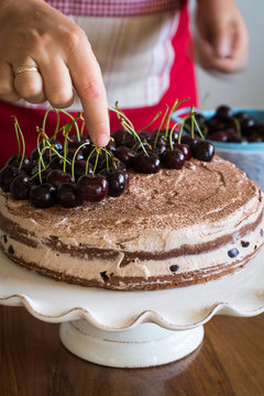 Assembling the Chocolate Sponge Cake with Cream and Cherries