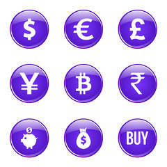 Currency Sign Violet Vector Button Icon Design Set