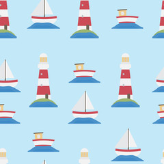 Fototapeta na wymiar Seamless Lighthouse and Boats Background