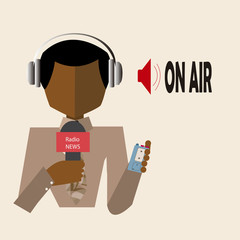 journalist in beige  shirt on air radio over  color background