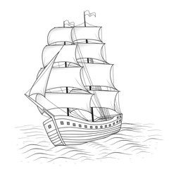 vintage ship with sails and the sea