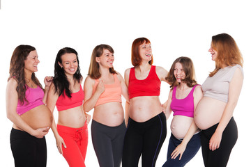 Six young happiness pregnant women, standing, talking and