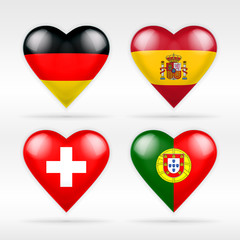 Germany, Spain, Switzerland and Portugal heart flag set