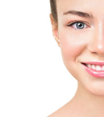 Obraz premium Beautiful woman with white teeth. Attractive sincere smile. Clea