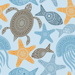 Obraz premium Vector Seamless Pattern with turtles, starfishes, and jellyfishe