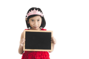 Cute Asian girl in red dress holding blank blackboard isolated o