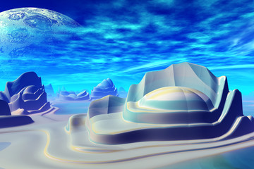 3D rendered fantasy alien planet. Rocks and  moon