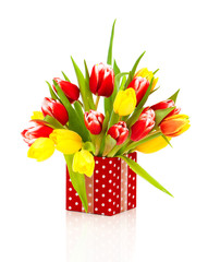 beautiful tulips in the red polka-dot gift box. happy mothers da