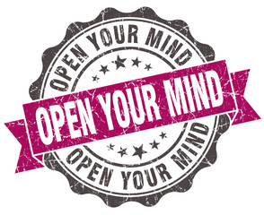 open your mind grunge violet seal isolated on white