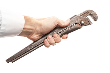 Steel screw wrench in male hand isolated on white