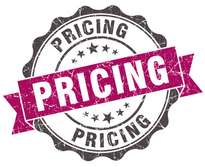 pricing grunge violet seal isolated on white