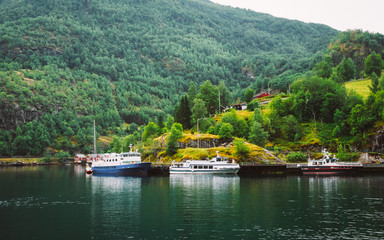 Sognefjord port in Flam, Norway, Norwegian longest and deepest f