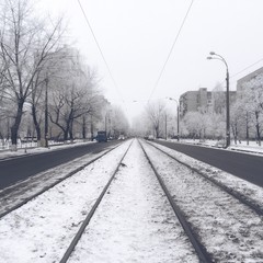 Tram rails under the snow