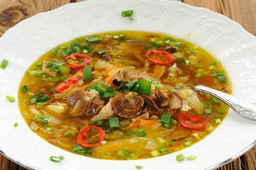 Wild mushroom and vegetable soup with chili in white plate