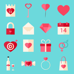 Valentine day flat style icons with over blue