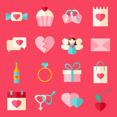 Valentine day flat style icon set over pink