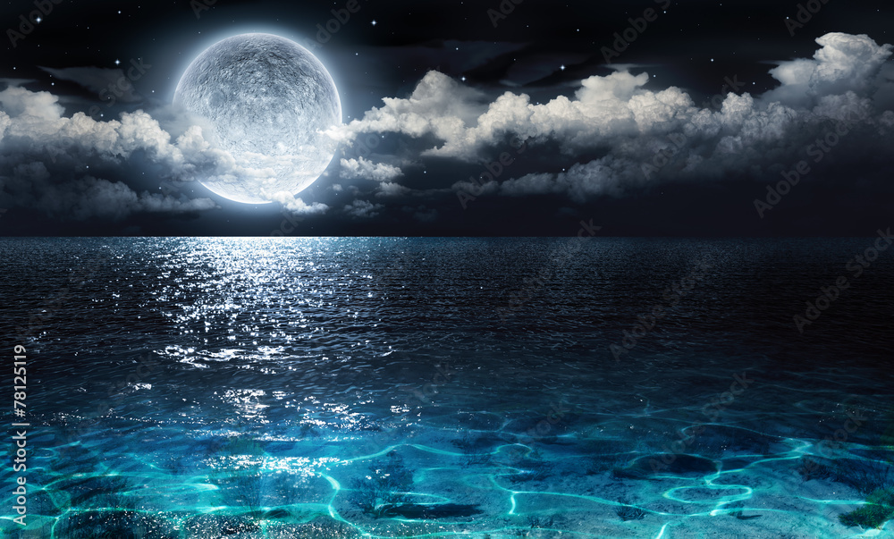 Wall mural romantic and scenic panorama with full moon on sea to night
