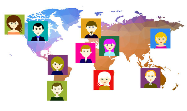 World map with icons of people. Vector. 3