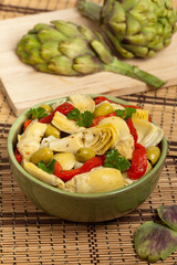 Salad with Marinated Roasted Red Peppers, Artichokes, Olives