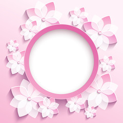Round frame with 3d pink sakura, greeting card