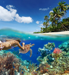 Young woman snorkeling over coral reef in tropical sea.