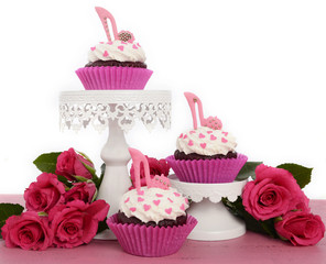 Pink cupcakes with high heel stiletto fondant shoes