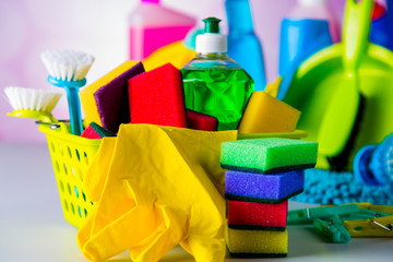Cleaning set on blue vivid background