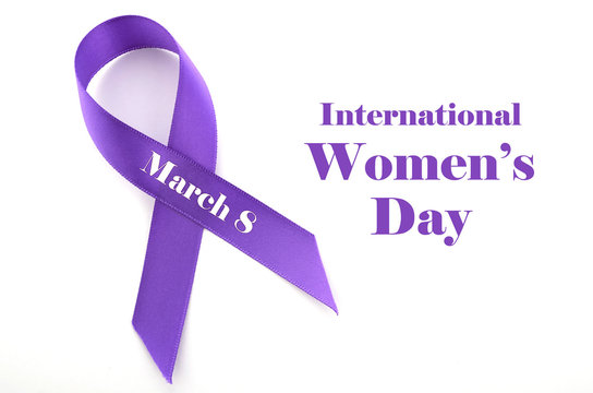 International Womens Day, March 8, purple ribbon with text