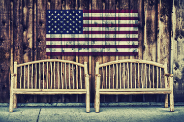 Rustic Log Benches with USA flag - Retro