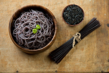 Japanese noodles made from black rice, studio shot, above view