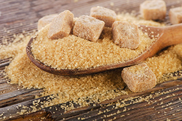 Brown cane sugar  in  a wooden spoon