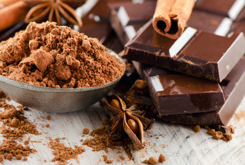 Broken chocolate bar and cocoa powder on  wooden board.