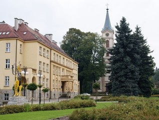 center of Wisla town with evangelish church